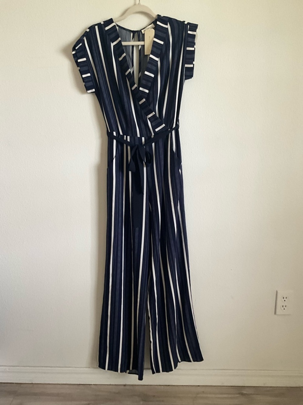 Monteau Navy and White Striped Wrap Jumpsuit with Belt Medium